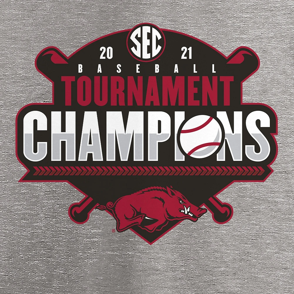 T-shirt à col en V pour femmes Fanatics Heathered Grey Arkansas Razorbacks 2021 SEC Baseball Conference Tournament Champions