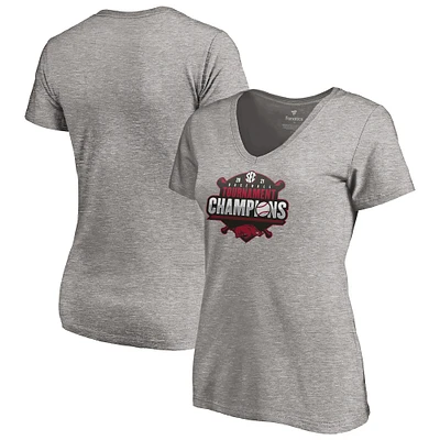 T-shirt à col en V pour femmes Fanatics Heathered Grey Arkansas Razorbacks 2021 SEC Baseball Conference Tournament Champions