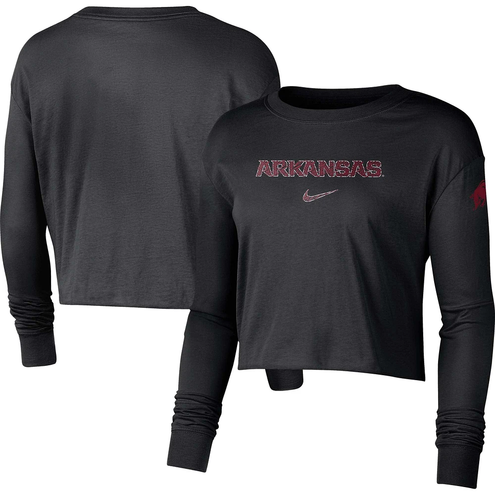 T-shirt court à manches longues avec logo Arkansas Razorbacks 2-Hit Nike pour femme, noir