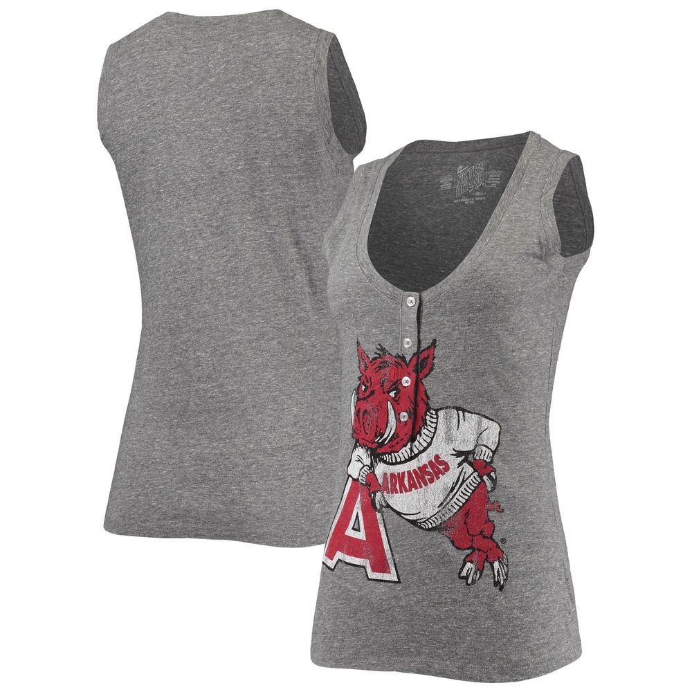 Women's Original Retro Brand Heathered Gray Arkansas Razorbacks Relaxed Henley Tri-Blend V-Neck Logo Tank Top