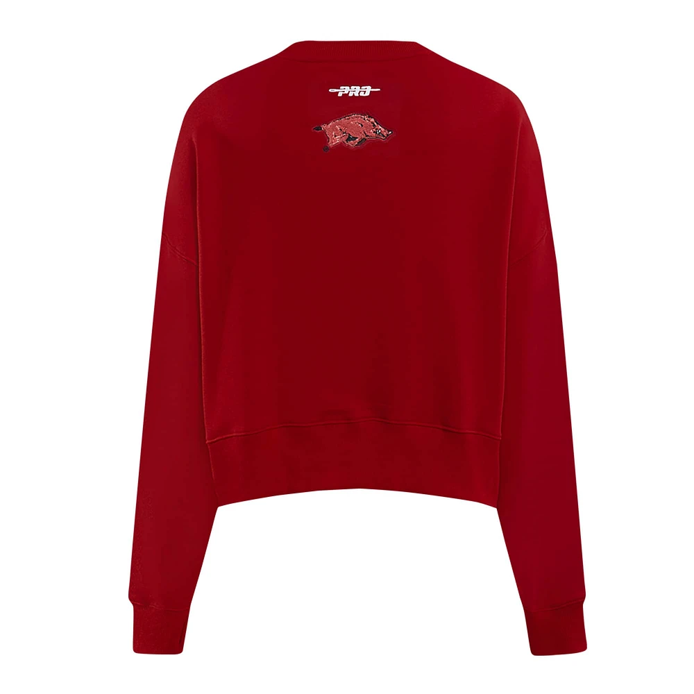 Women's Pro Standard Cardinal Arkansas Razorbacks Sequin Boxy Cropped Pullover Sweatshirt