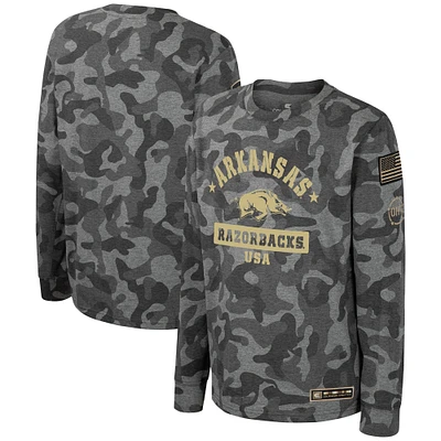 T-shirt à manches longues pour jeunes Colosseum Camo Arkansas Razorbacks OHT Appréciation militaire Dark Star