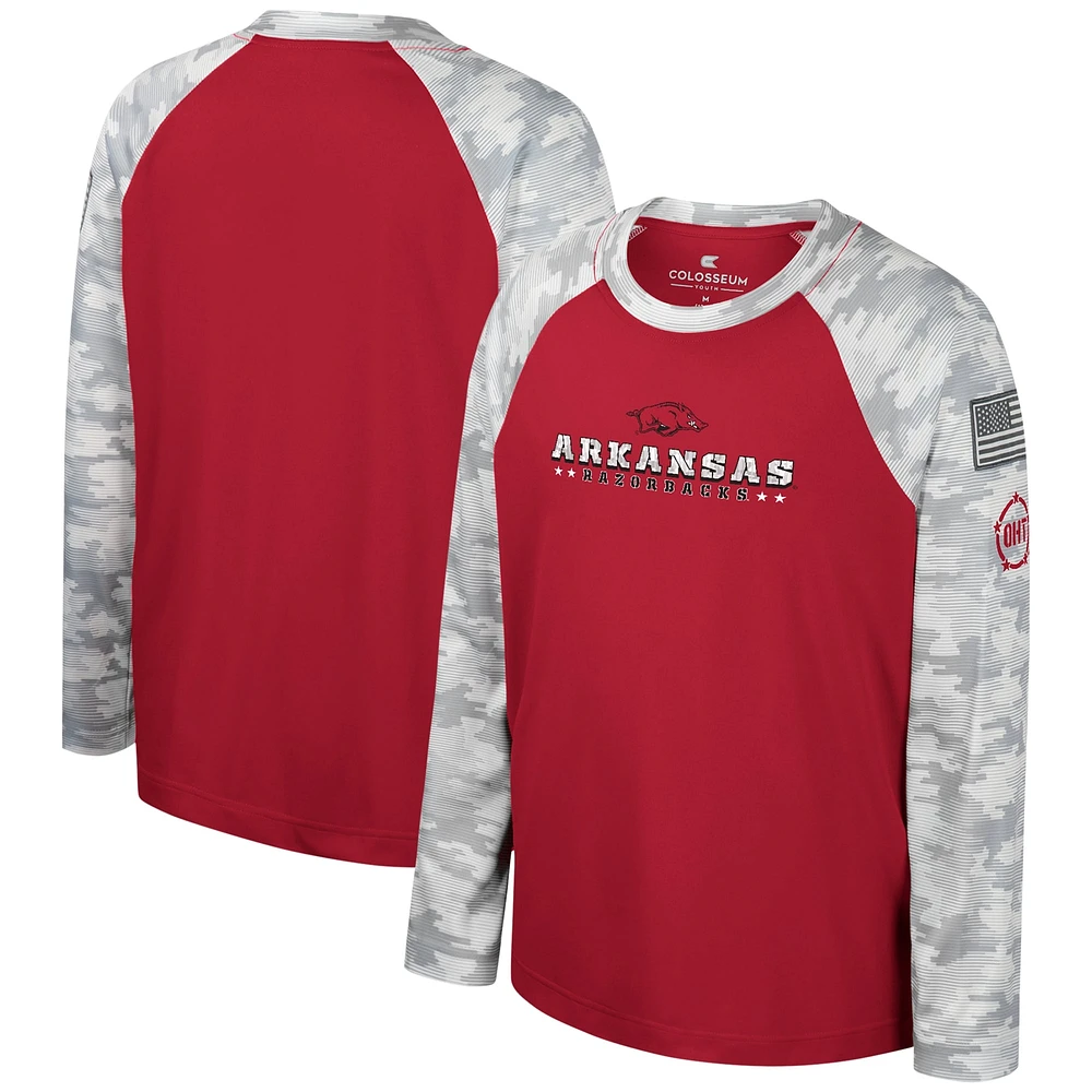 Jeune Colosseum Cardinal/Camo Arkansas Razorbacks OHT Appréciation militaire Dark Star Raglan T-shirt à manches longues