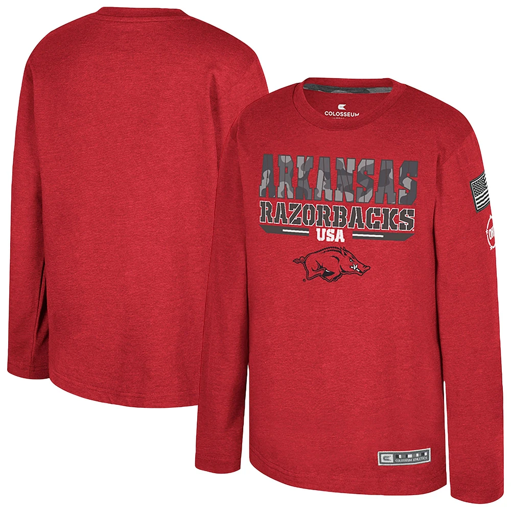 Youth Colosseum Heather Cardinal Arkansas Razorbacks OHT Military Appreciation Oorah Long Sleeve T-Shirt