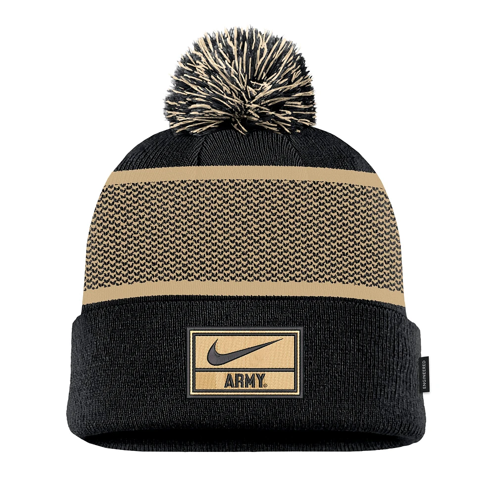 Men's Nike Black Army Black Knights 2024 Sideline Peak Cuffed Knit Hat with Pom