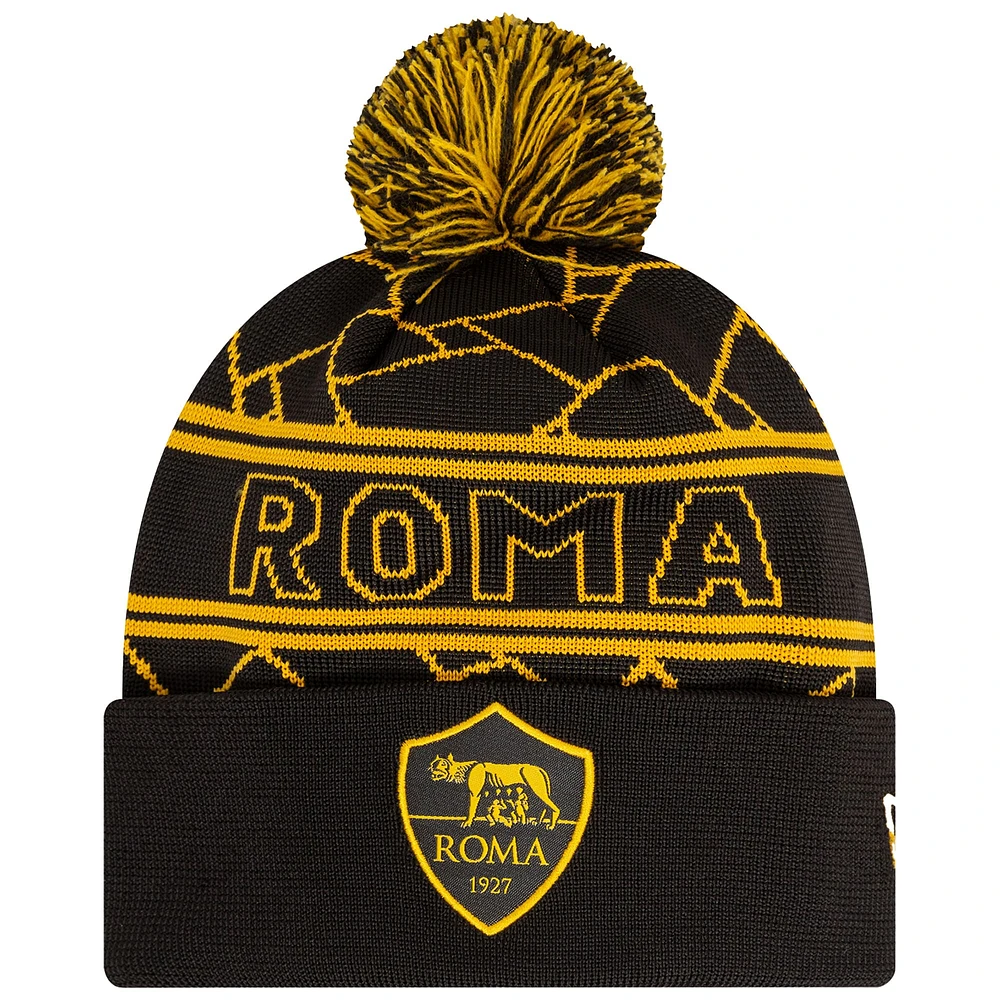 Men's New Era Black AS Roma Sport Cuffed Knit Hat with Pom