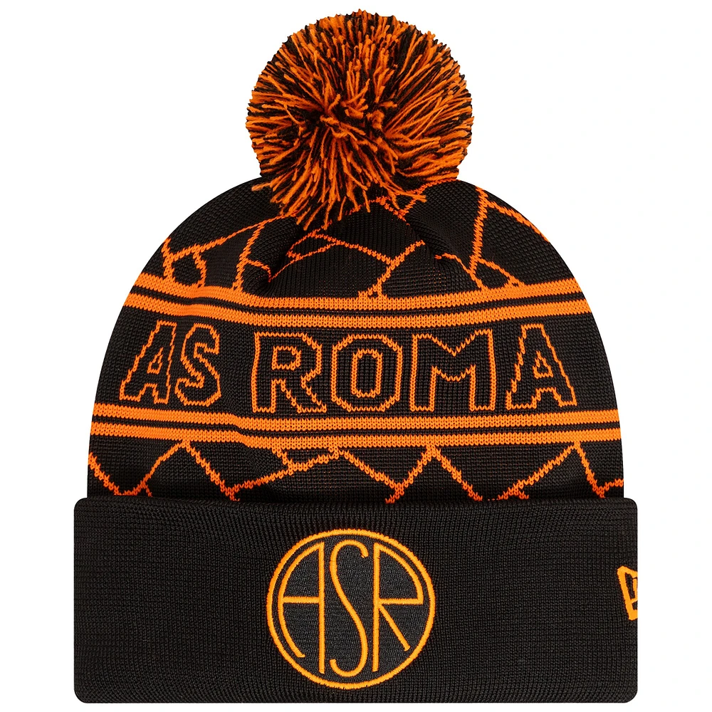 Men's New Era Black AS Roma Sport Cuffed Knit Hat with Pom