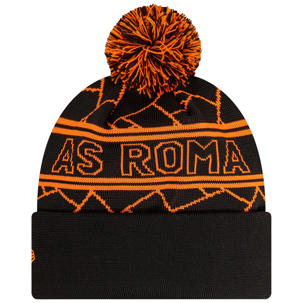 Men's New Era Black AS Roma Sport Cuffed Knit Hat with Pom