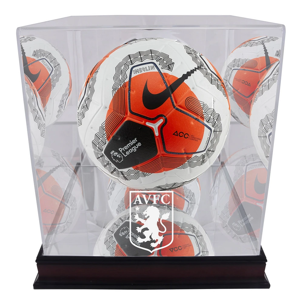 Vitrine de présentation du ballon de football avec logo de l'équipe Aston Villa en acajou