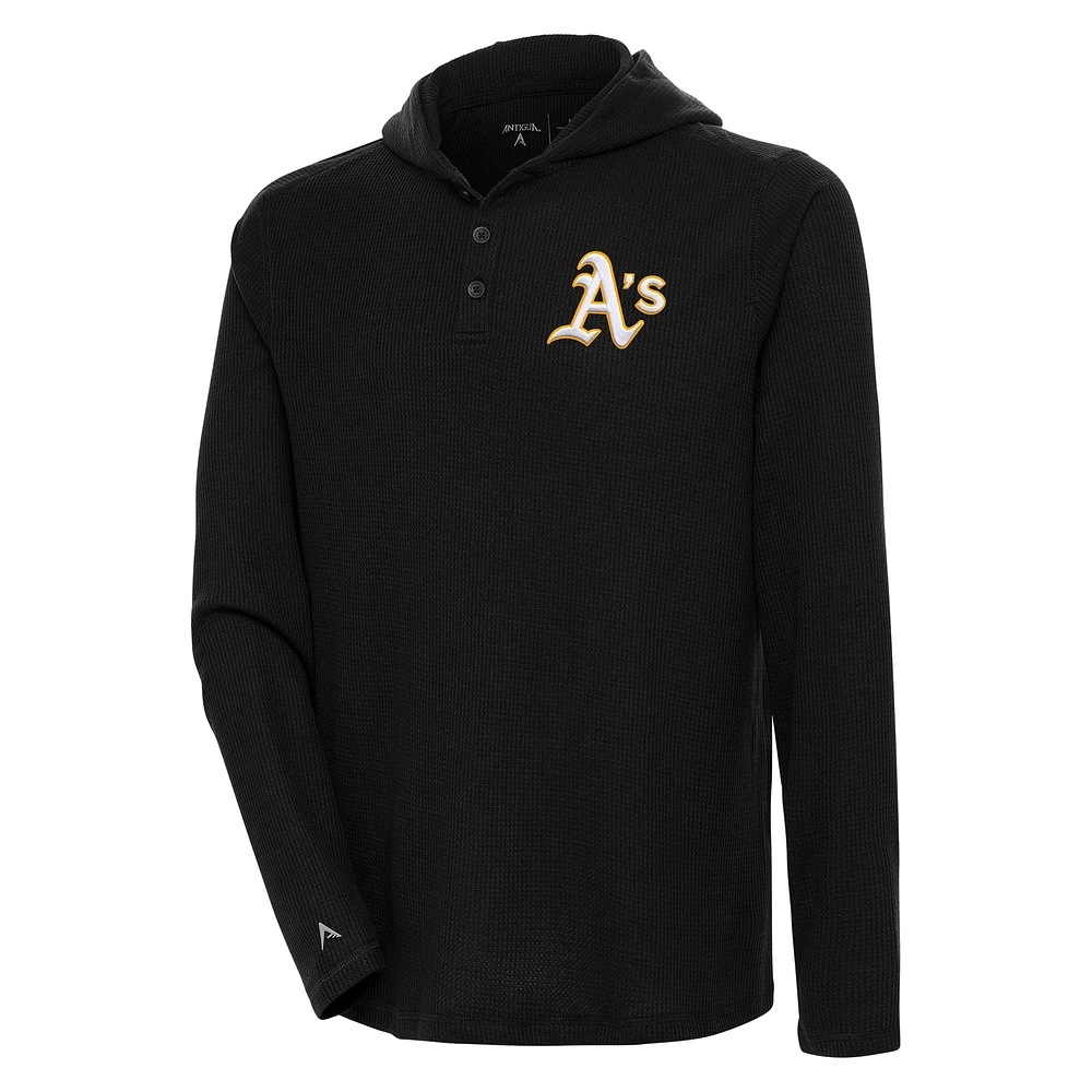 Men's Antigua Black Athletics Strong Hold Long Sleeve Henley Hoodie T-Shirt