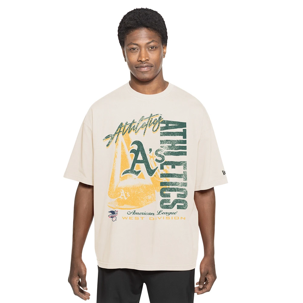 Men's New Era Cream Athletics Cooperstown Collection Oversized Throwback Distressed T-Shirt