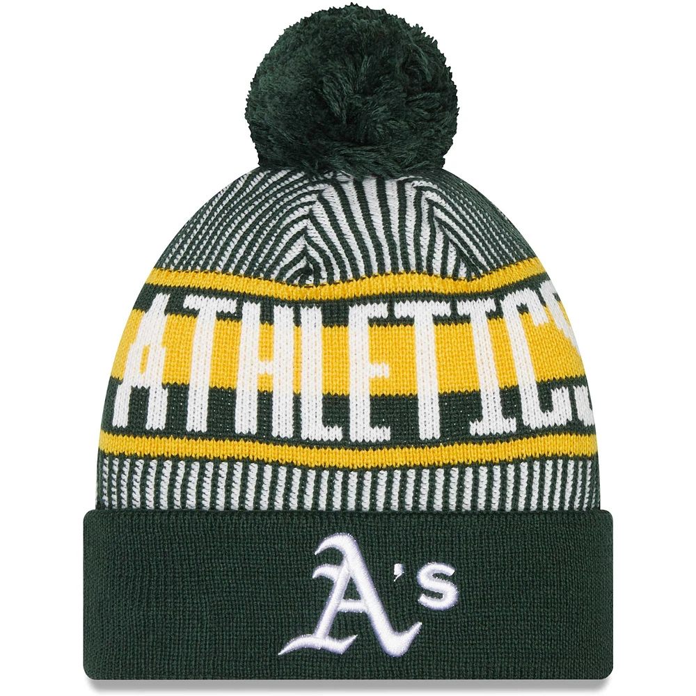 Bonnet en tricot rayé à revers et pompon Athletics vert New Era pour homme