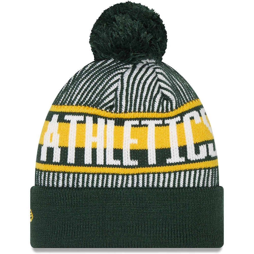 Bonnet en tricot rayé à revers et pompon Athletics vert New Era pour homme