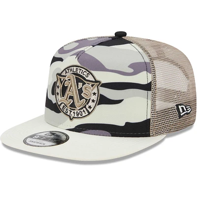 Men's New Era White Athletics Chrome Camo A-Frame 9FIFTY Trucker Snapback Hat