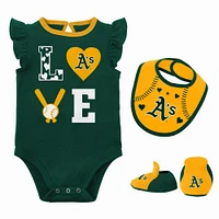 Newborn & Infant Green/Gold Athletics Three-Piece Love of Baseball Bib Bodysuit Booties Set