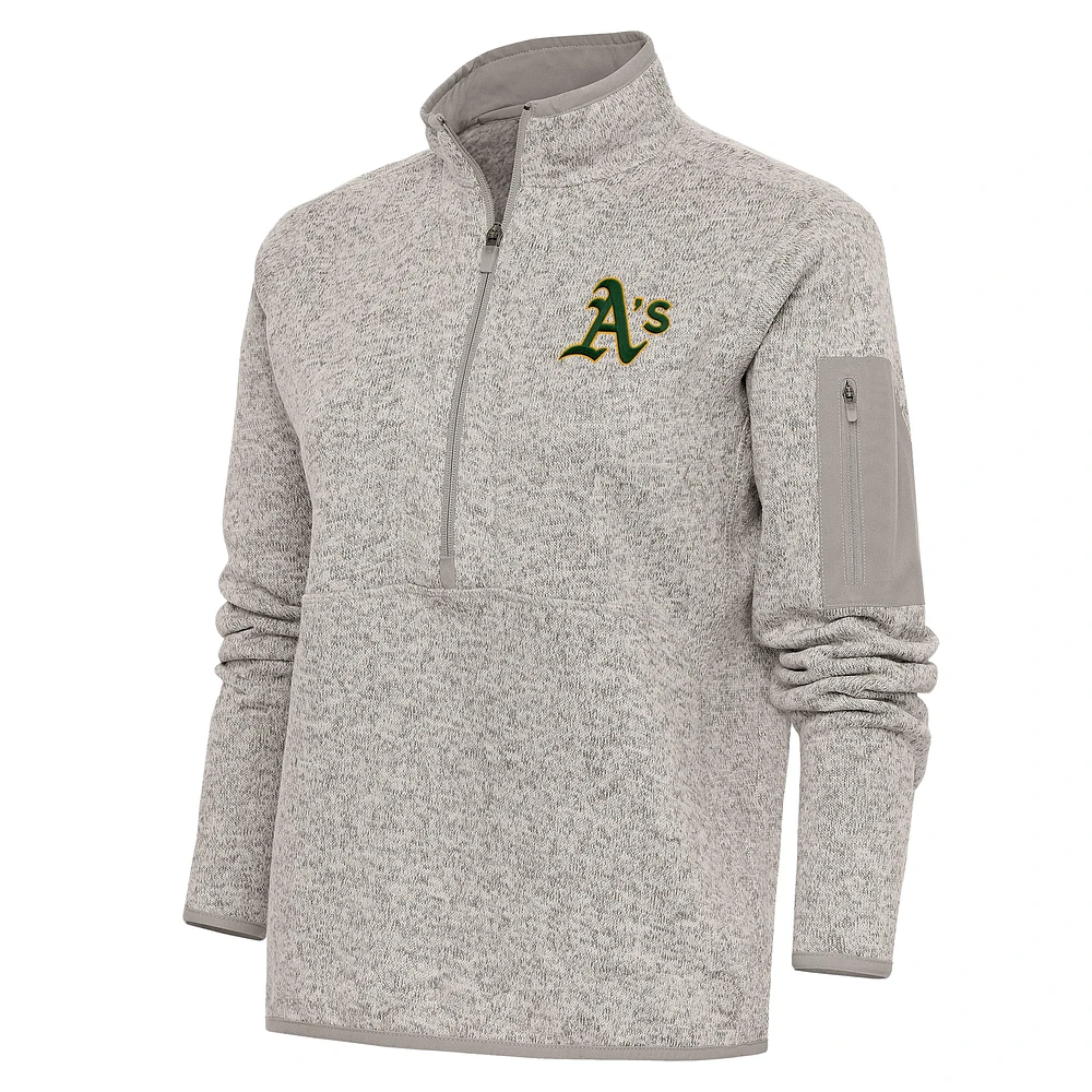 Women's Antigua Oatmeal Athletics Logo Fortune Quarter-Zip Pullover Jacket