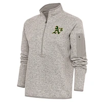 Women's Antigua Oatmeal Athletics Logo Fortune Quarter-Zip Pullover Jacket