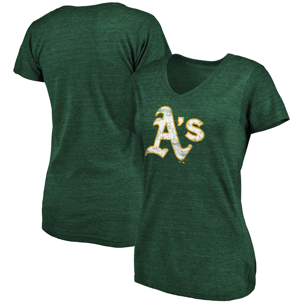 Women's Fanatics Heathered Green Athletics Core Weathered Tri-Blend V-Neck T-Shirt