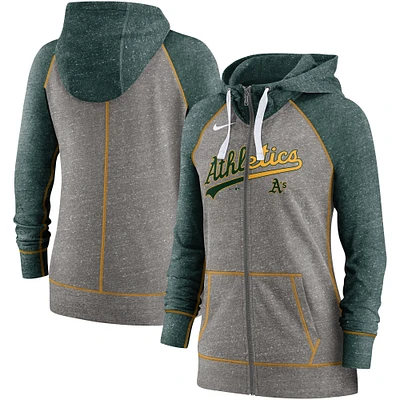 Women's Nike Heather Charcoal/Heather Green Athletics Split Wordmark Gym Vintage Raglan Lightweight Full-Zip Hoodie