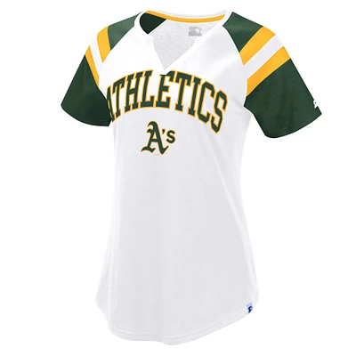 T-shirt raglan blanc/vert pour femme avec col en V et inscription Game On Notch Athletics