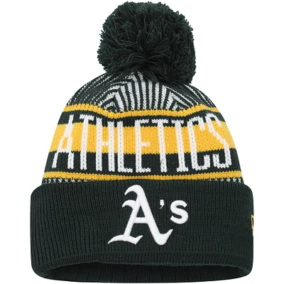 Youth New Era Green Athletics Striped Cuffed Knit Hat with Pom