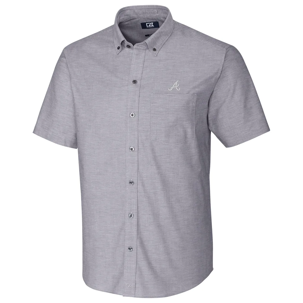 Atlanta Braves Cutter & Buck Short Sleeve Stretch Oxford Button-Down Shirt - Charcoal