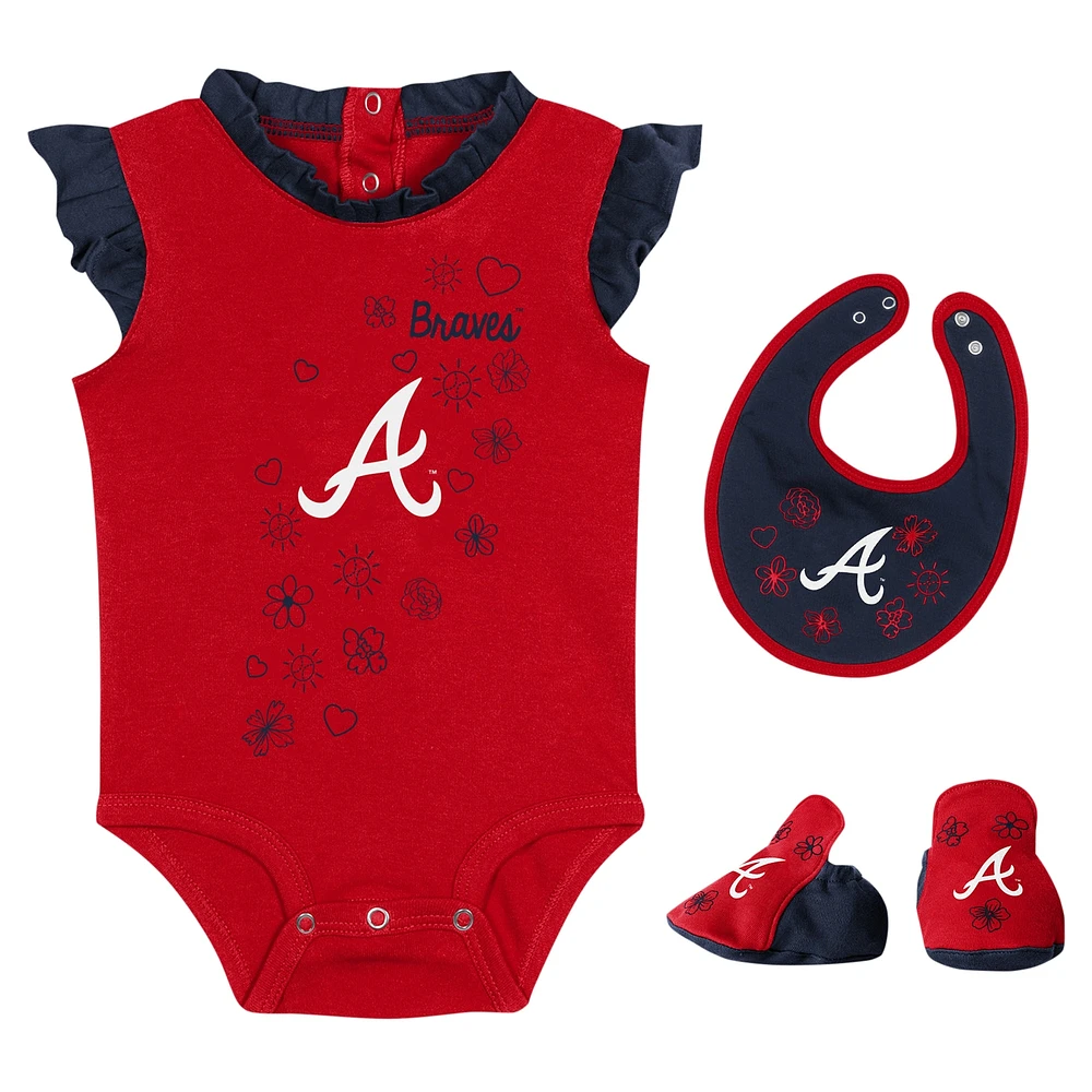 Girls Newborn & Infant Fanatics Red Atlanta Braves Happy Baseball Bodysuit, Bib Bootie Set