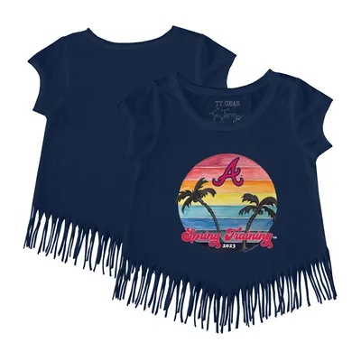 Atlanta Braves Tiny Turnip Girls Toddler 2023 Spring Training Fringe T-Shirt - Navy