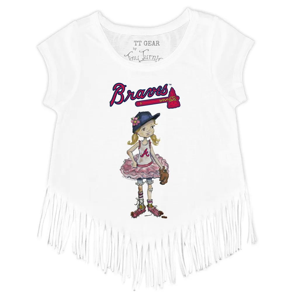 Atlanta Braves Tiny Turnip Girls Toddler Heart Bat Fringe T-Shirt