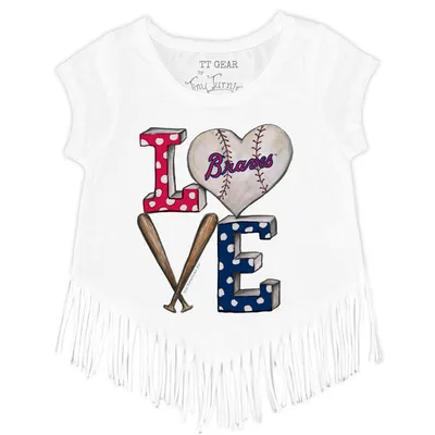 Atlanta Braves Tiny Turnip Girls Toddler Baseball Love Fringe T-Shirt - White