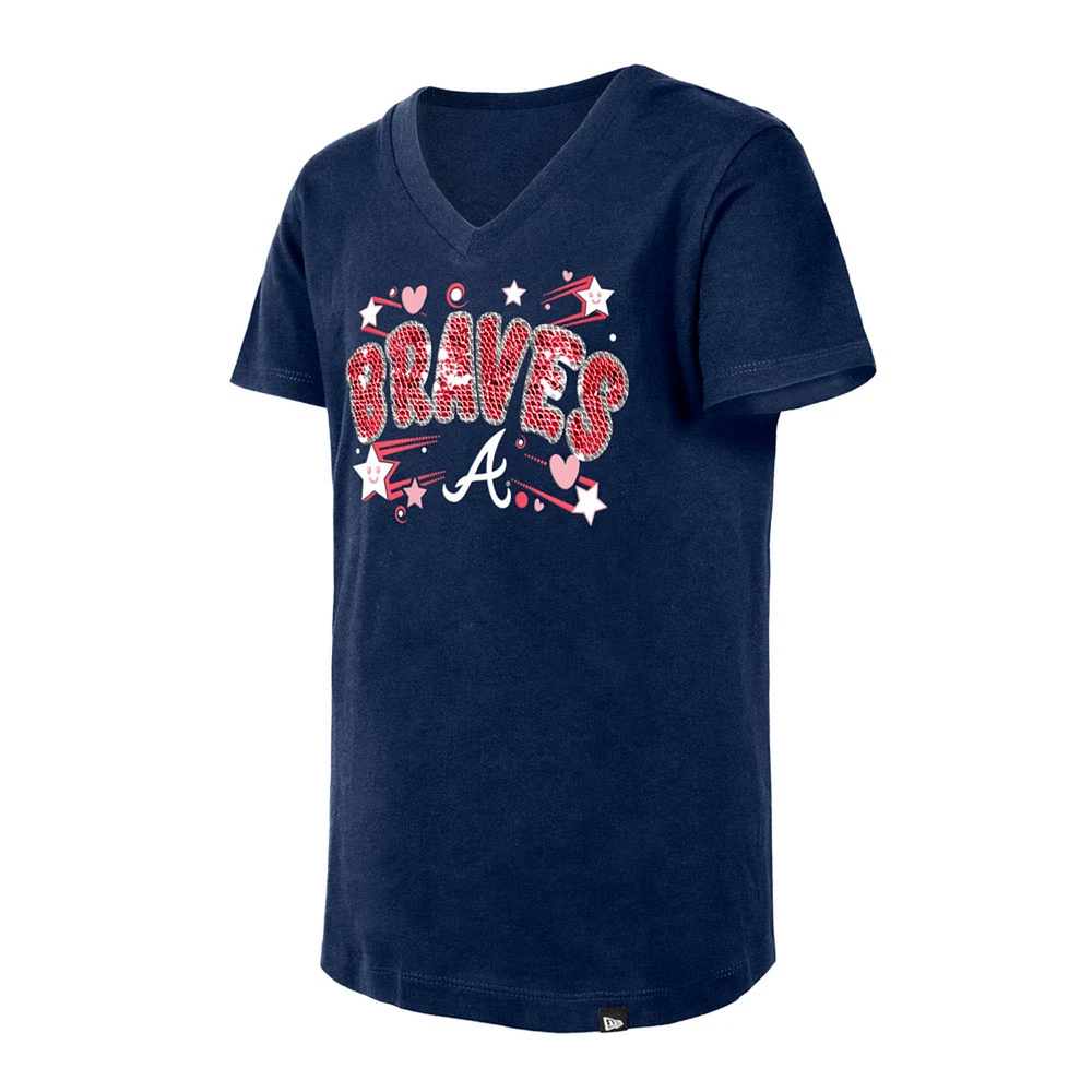 T-shirt bleu marine à col en V sequins New Era pour jeunes filles des Atlanta Braves