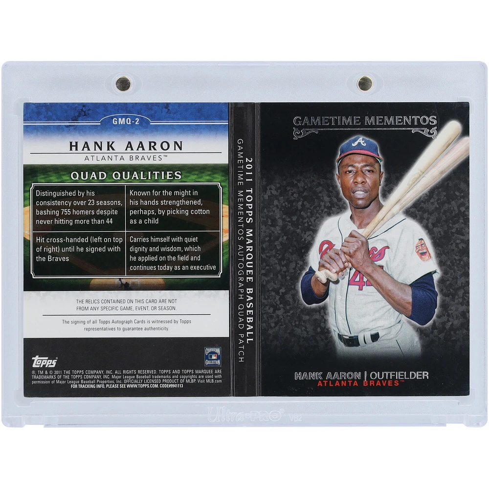 Livret de reliques d'occasion autographié par Hank Aaron des Braves d'Atlanta 2011 Topps Marquee Quad Gamed #GMQ-2 #2/10
