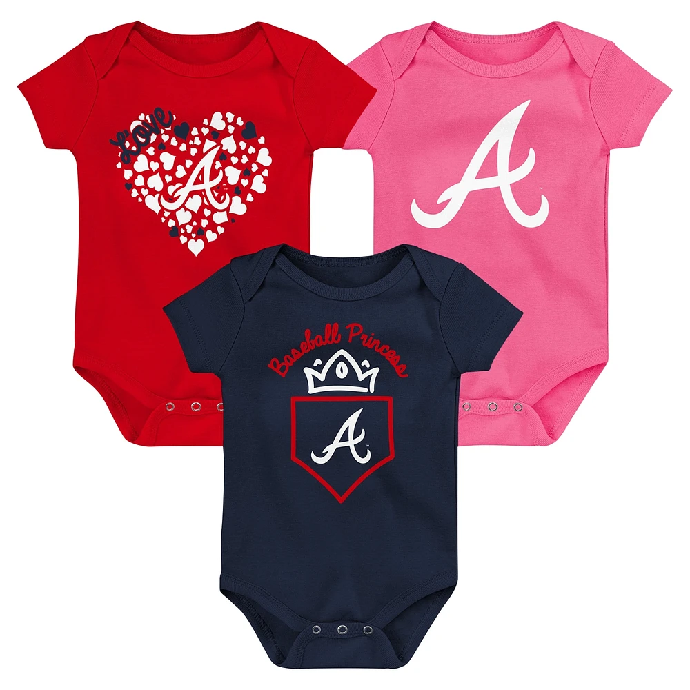 Ensemble de trois bodys Home Run Fanatics pour bébé bleu marine/rouge/rose Atlanta Braves