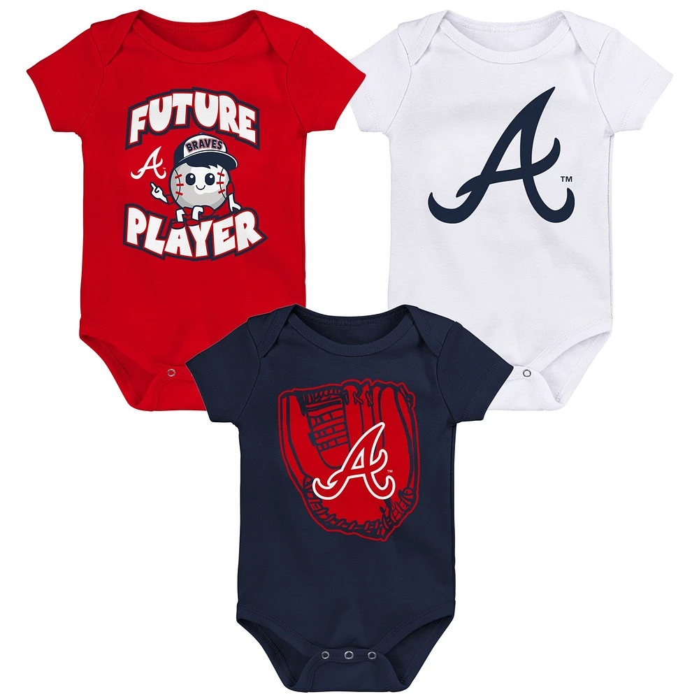 Infant Red/Navy/White Atlanta Braves Minor League Player Three-Pack Bodysuit Set