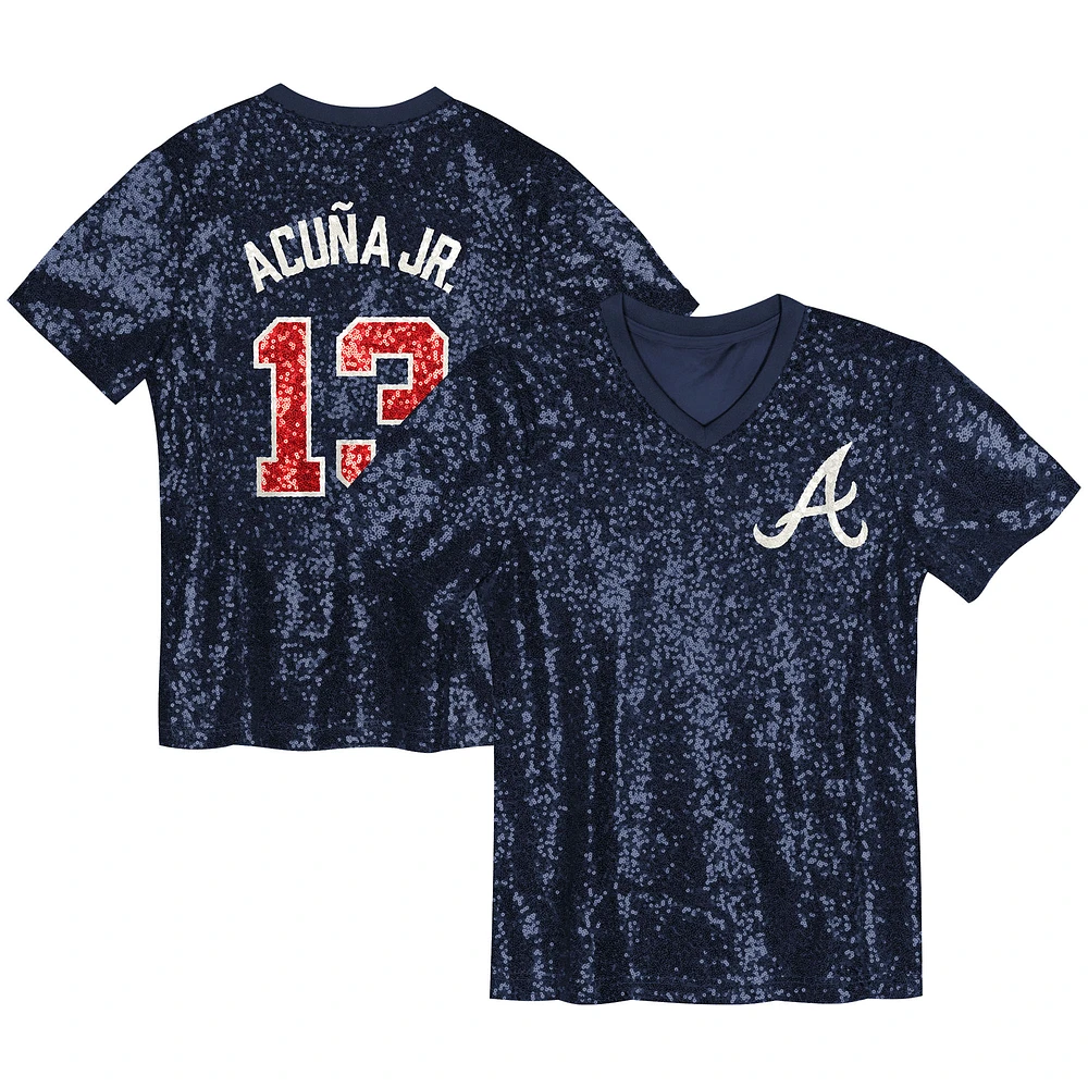 Juniors Ronald Acuña Jr. Navy Atlanta Braves Name & Number Sequin V-Neck Top