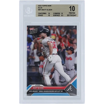 Matt Olson Atlanta Braves 2023 Topps Now Blue Sets Braves Single Season Record with 52 HR #874 #/49 BGS Authenticated 10 Card - 10,10,10,9.5 Subgrades