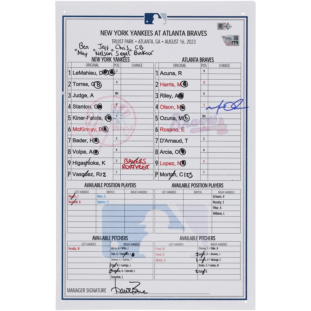 Carte de composition autographiée de Matt Olson des Braves d'Atlanta contre les Yankees de New York le août 2023