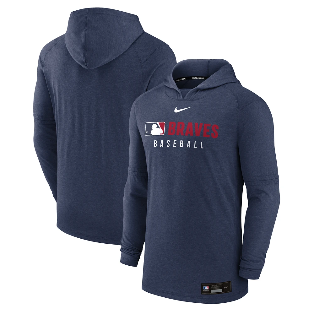 Men's Nike  Heather Navy Atlanta Braves Authentic Collection Tri-Blend Performance Pullover Hoodie