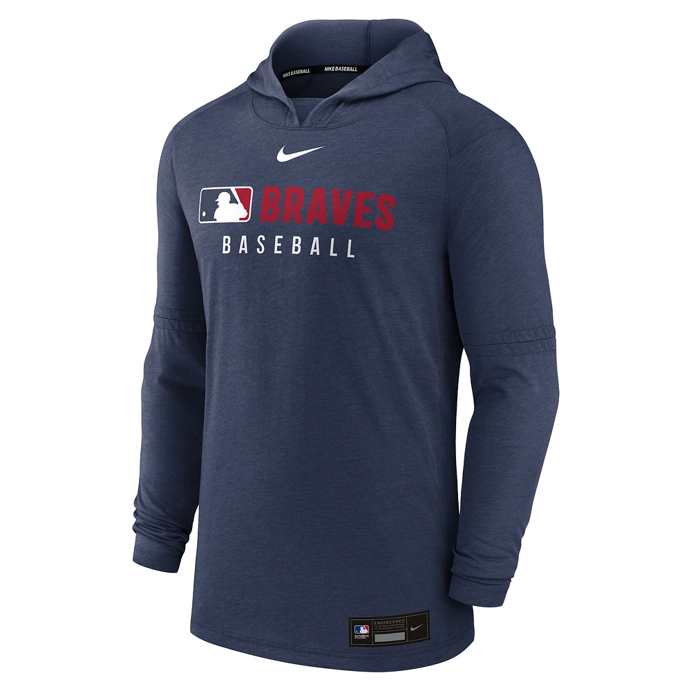Men's Nike  Heather Navy Atlanta Braves Authentic Collection Tri-Blend Performance Pullover Hoodie