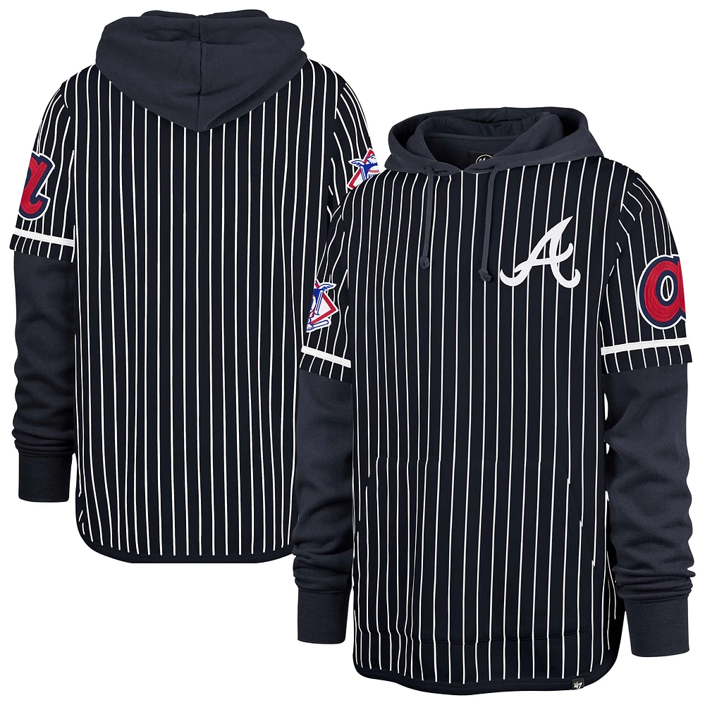 Men's '47 Navy Atlanta Braves Pinstripe Double Header Pullover Hoodie