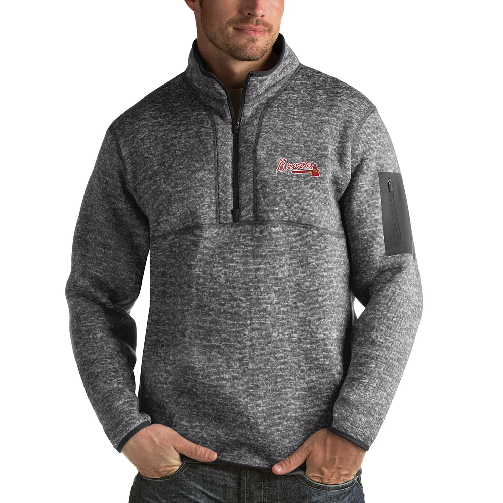 Men's Antigua Heathered Charcoal Atlanta Braves Fortune Half-Zip Sweater