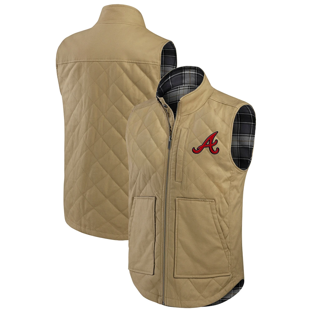 Gilet réversible en toile et à carreaux pour homme de la collection Darius Rucker Fanatics, couleur tan/anthracite, des Atlanta Braves, avec fermeture éclair intégrale