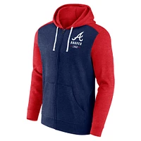 Sweat à capuche entièrement zippé Fanatics pour hommes bleu marine chiné/rouge chiné Atlanta Braves Blown Away