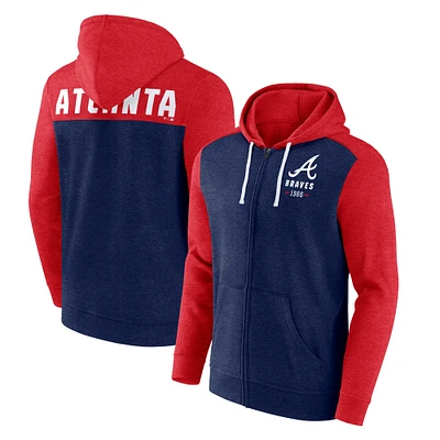 Sweat à capuche entièrement zippé Fanatics pour hommes bleu marine chiné/rouge chiné Atlanta Braves Blown Away