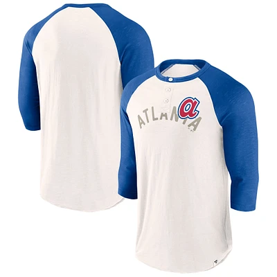 T-shirt à manches 3/4 raglan Backdoor Slider Fanatics pour homme, blanc/bleu royal, Atlanta Braves