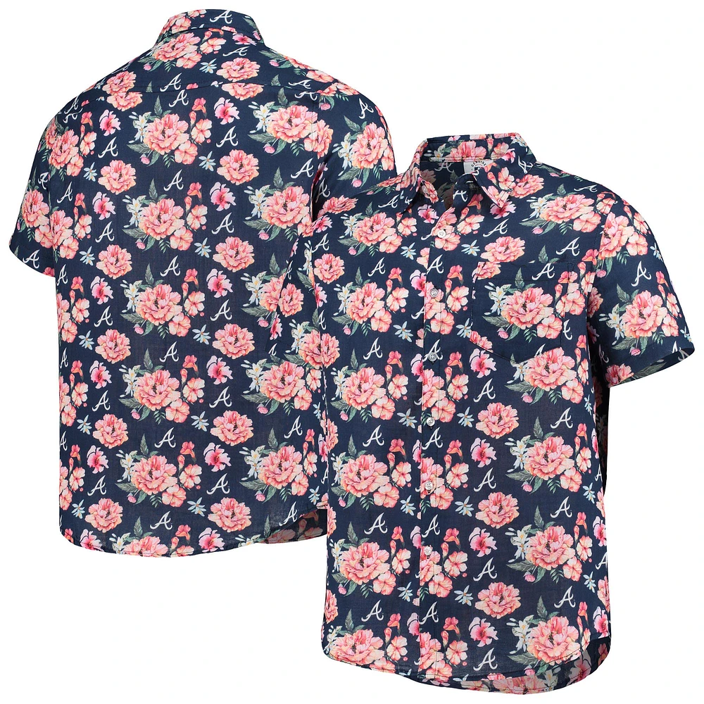 Chemise boutonnée en lin floral FOCO Atlanta Braves pour homme, bleu marine