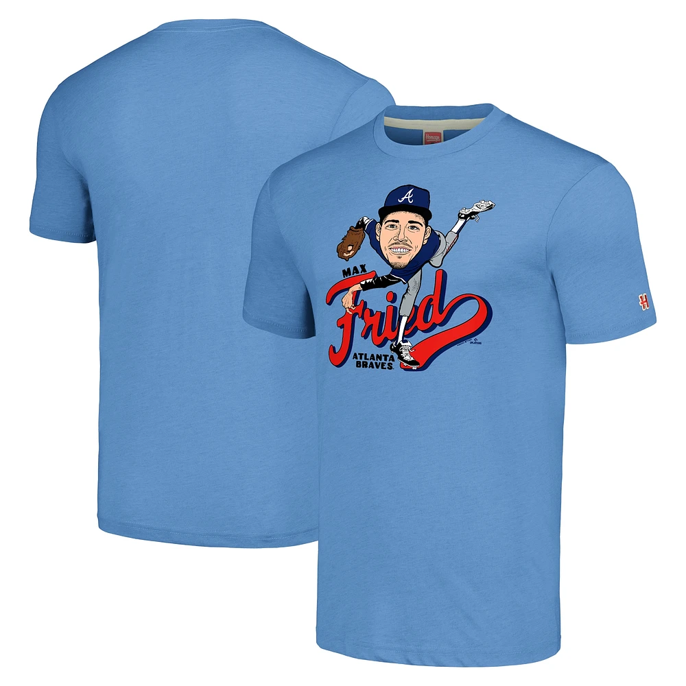 T-shirt triple mélange Hommage Max Fried pour hommes, bleu clair, caricature des Braves d'Atlanta