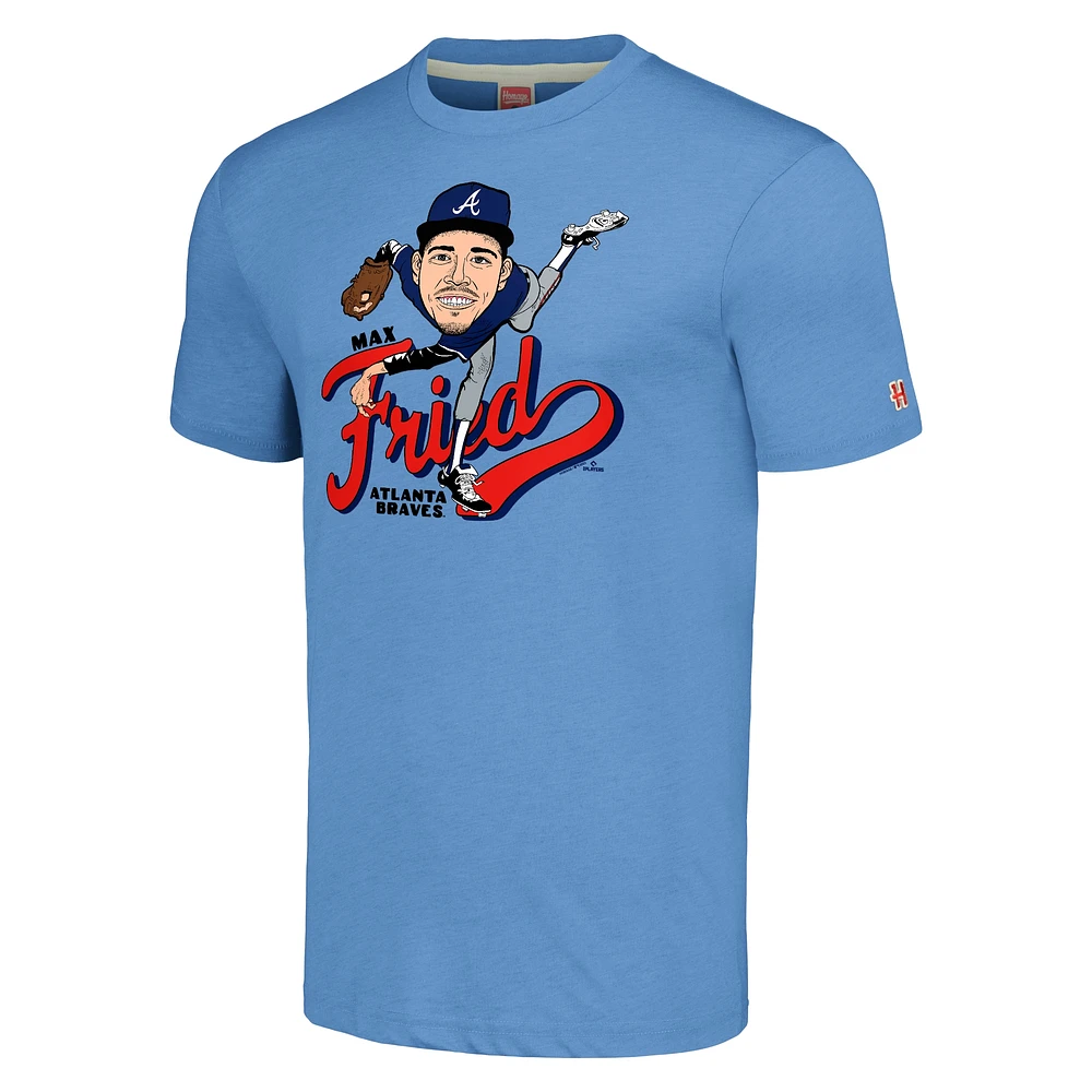 T-shirt triple mélange Hommage Max Fried pour hommes, bleu clair, caricature des Braves d'Atlanta