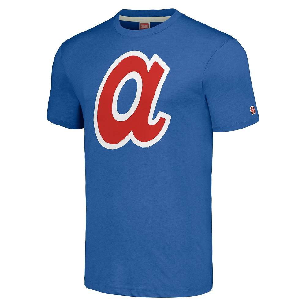 T-shirt tri-mélange avec logo dessiné à la main de collection Cooperstown Royal Atlanta Braves pour hommes