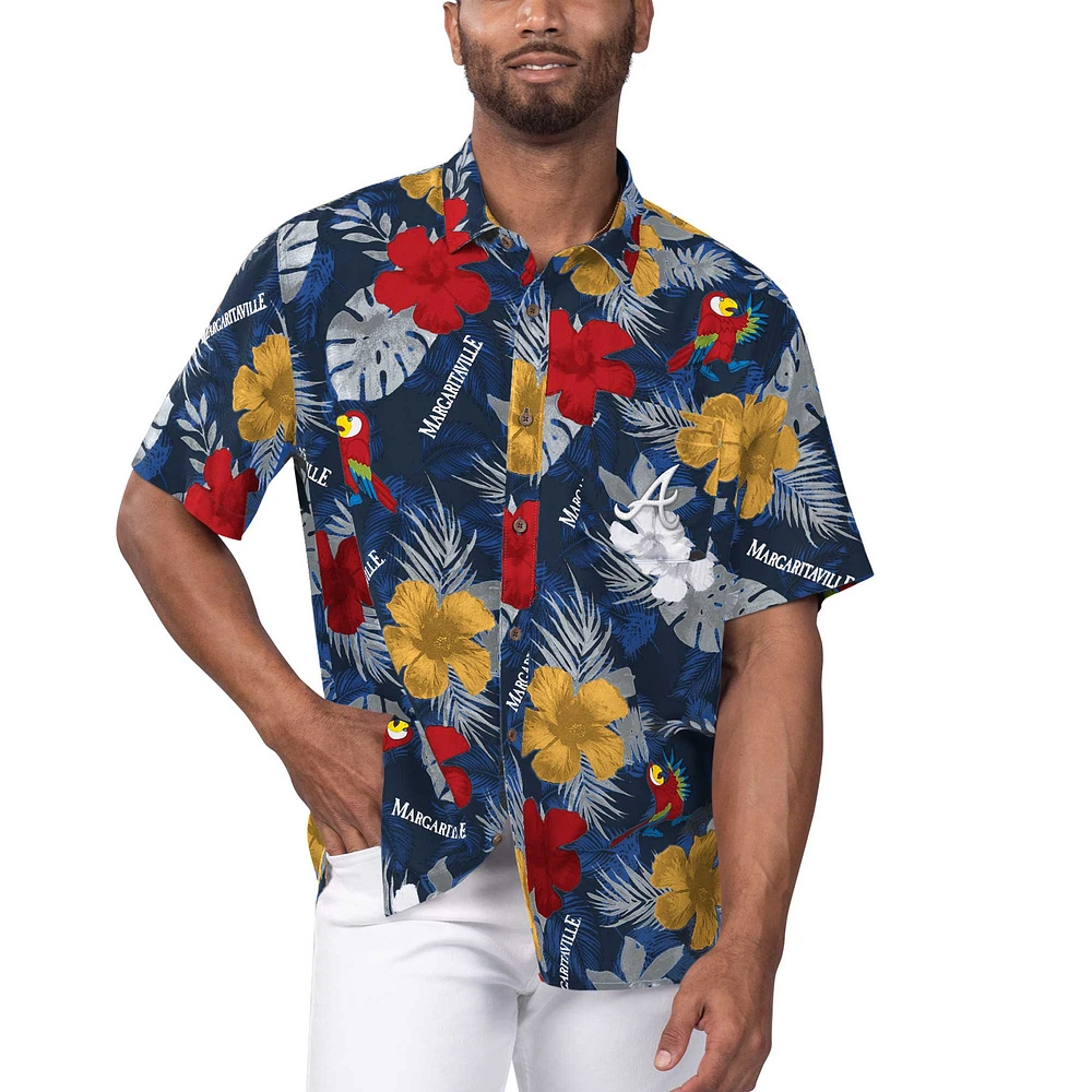 Chemise boutonnée de fête florale Margaritaville pour hommes, bleu marine, Atlanta Braves Island Life